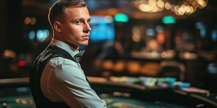 Live roulette wheel spinning with real dealer at table